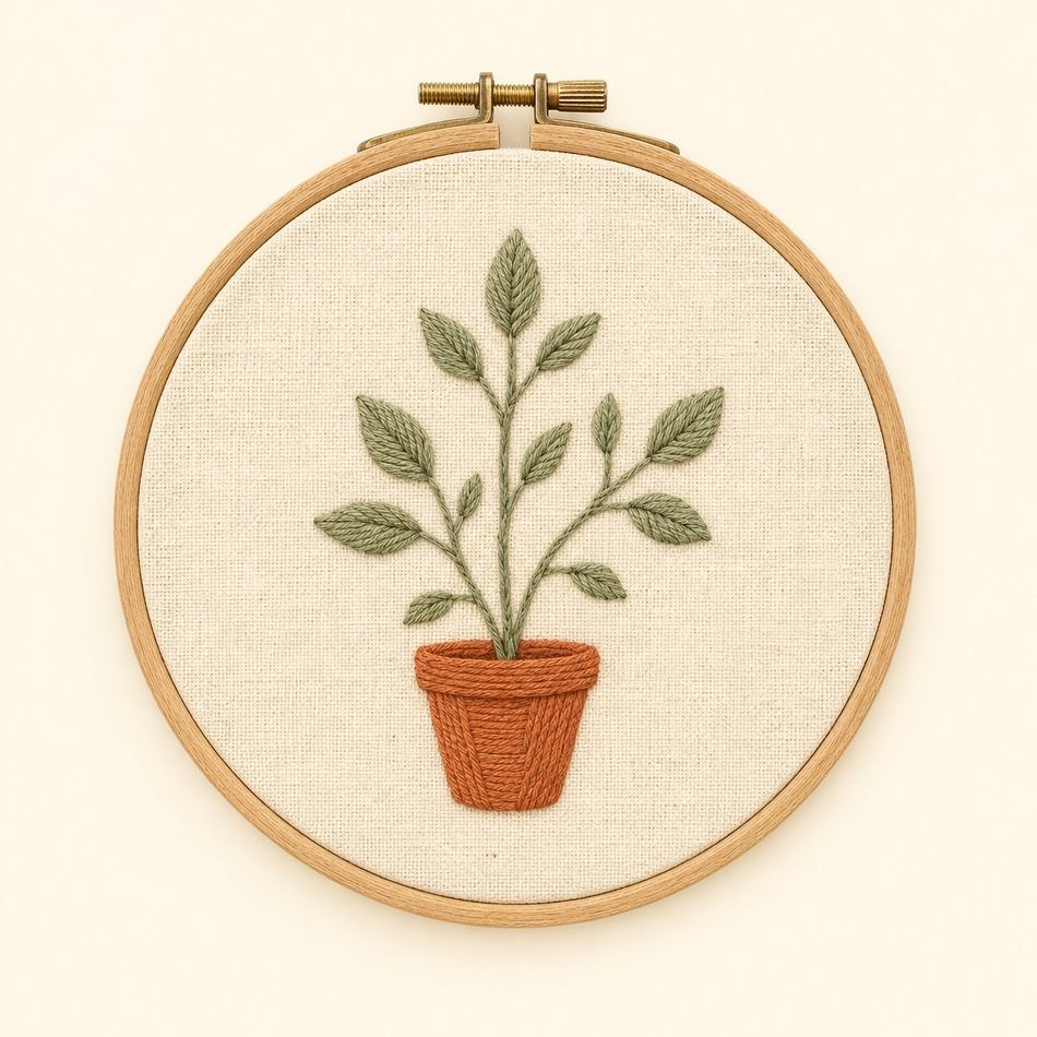 Première broderie débutant finie : motif végétal dans un tambour en bois