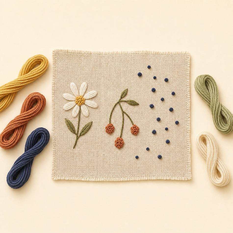 Échantillonneur de broderie montrant trois usages du point de nœud : cœur de fleur, baies, semis