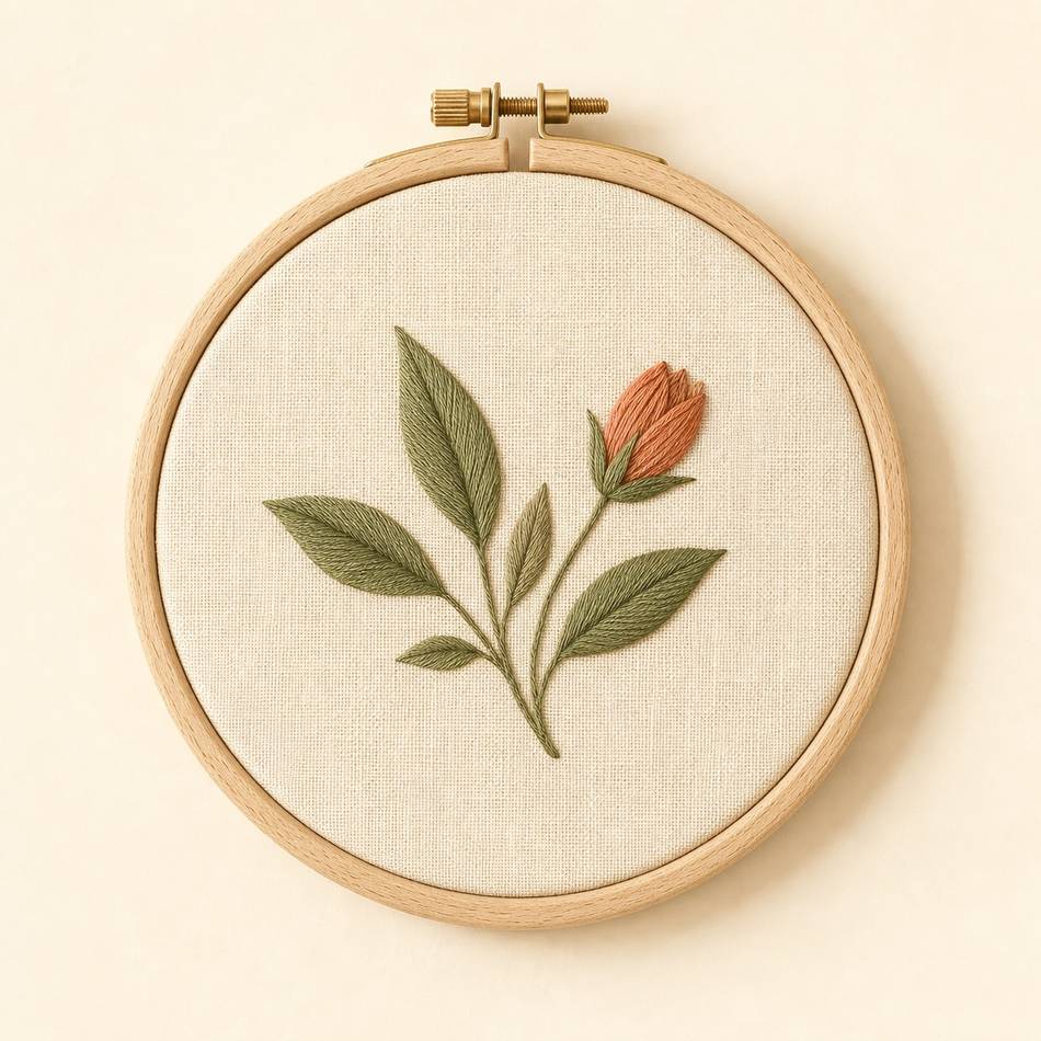 Tambour à broder en bois de hêtre tendant une toile de lin avec un motif botanique en cours