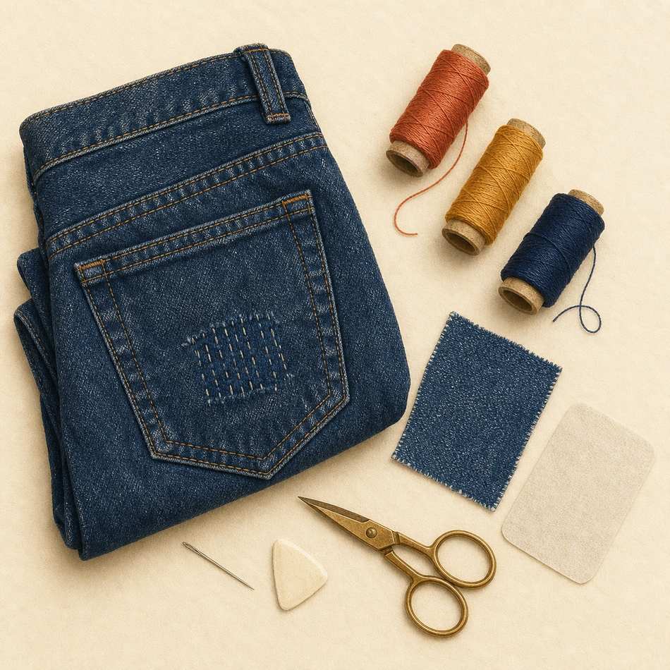 Matériel de réparation jean : jean, patch denim, fils perlé, renfort thermocollant, ciseaux, aiguille
