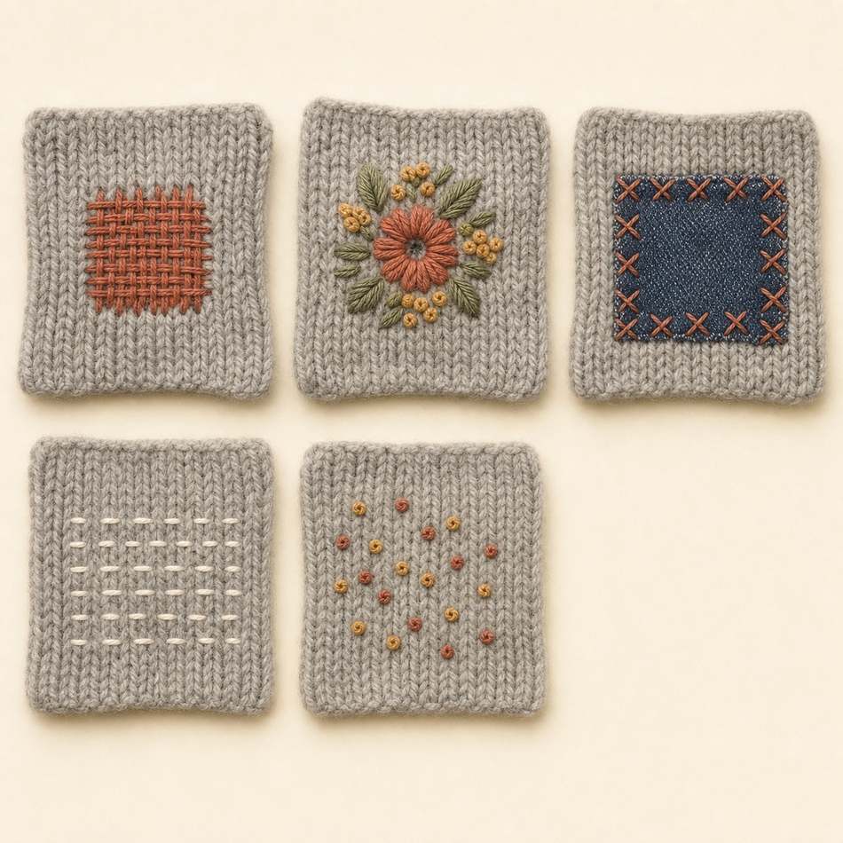 Cinq techniques de visible mending sur tricot : reprise tissée, broderie florale, patch brodé, sashiko, semis de points