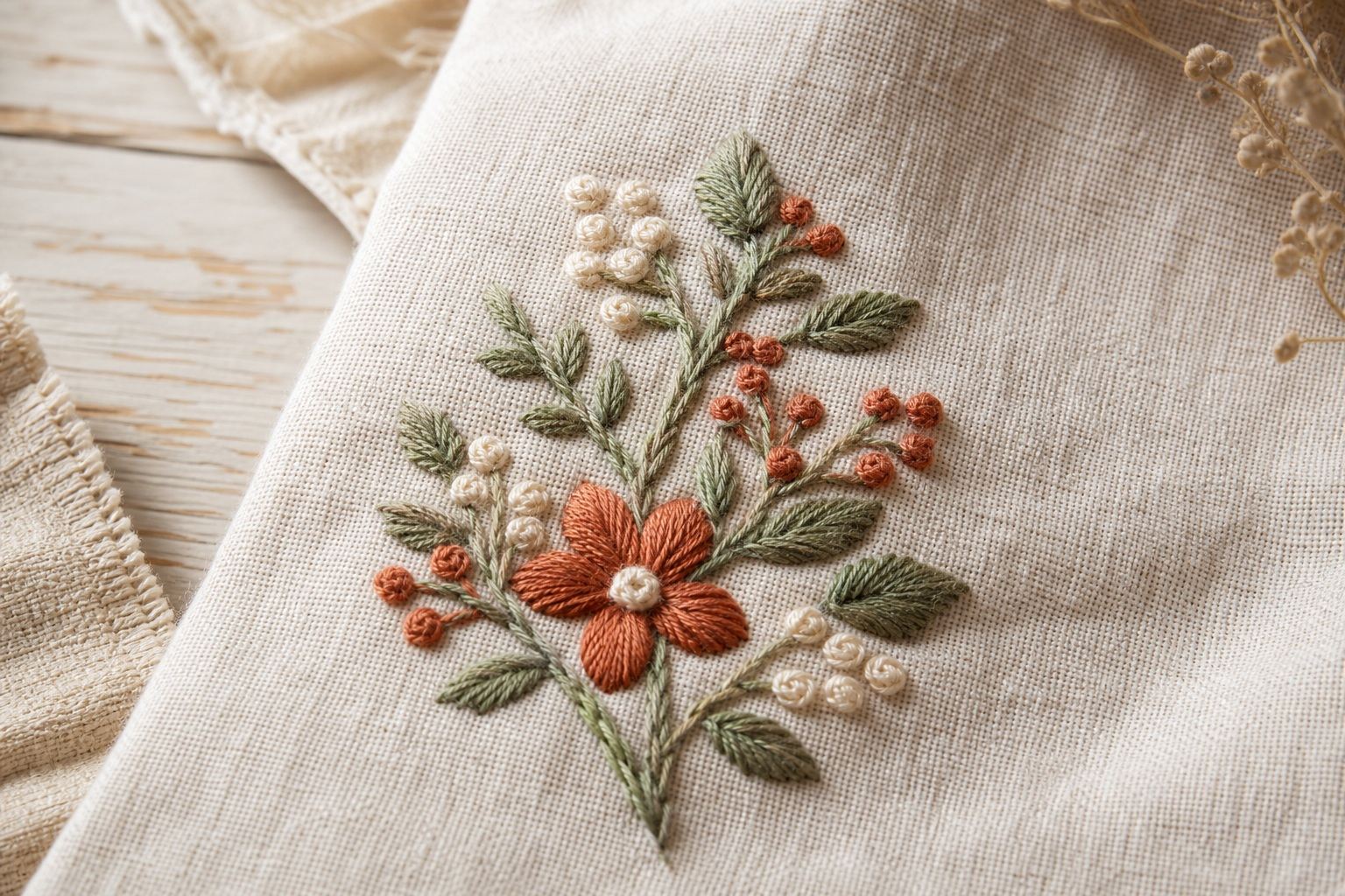 Gros plan d'un petit motif brodé en fils sage et terracotta qui recouvre entièrement une tache