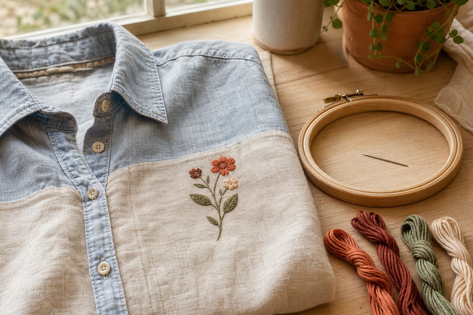 Une chemise en lin avec une petite broderie florale posée à l'endroit d'une ancienne tache