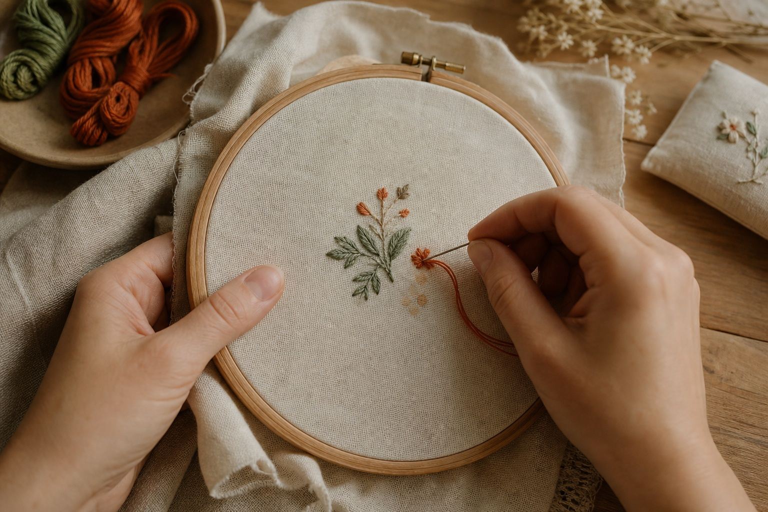 Mains en train de broder un motif par-dessus une tache pâle sur du tissu tendu dans un tambour