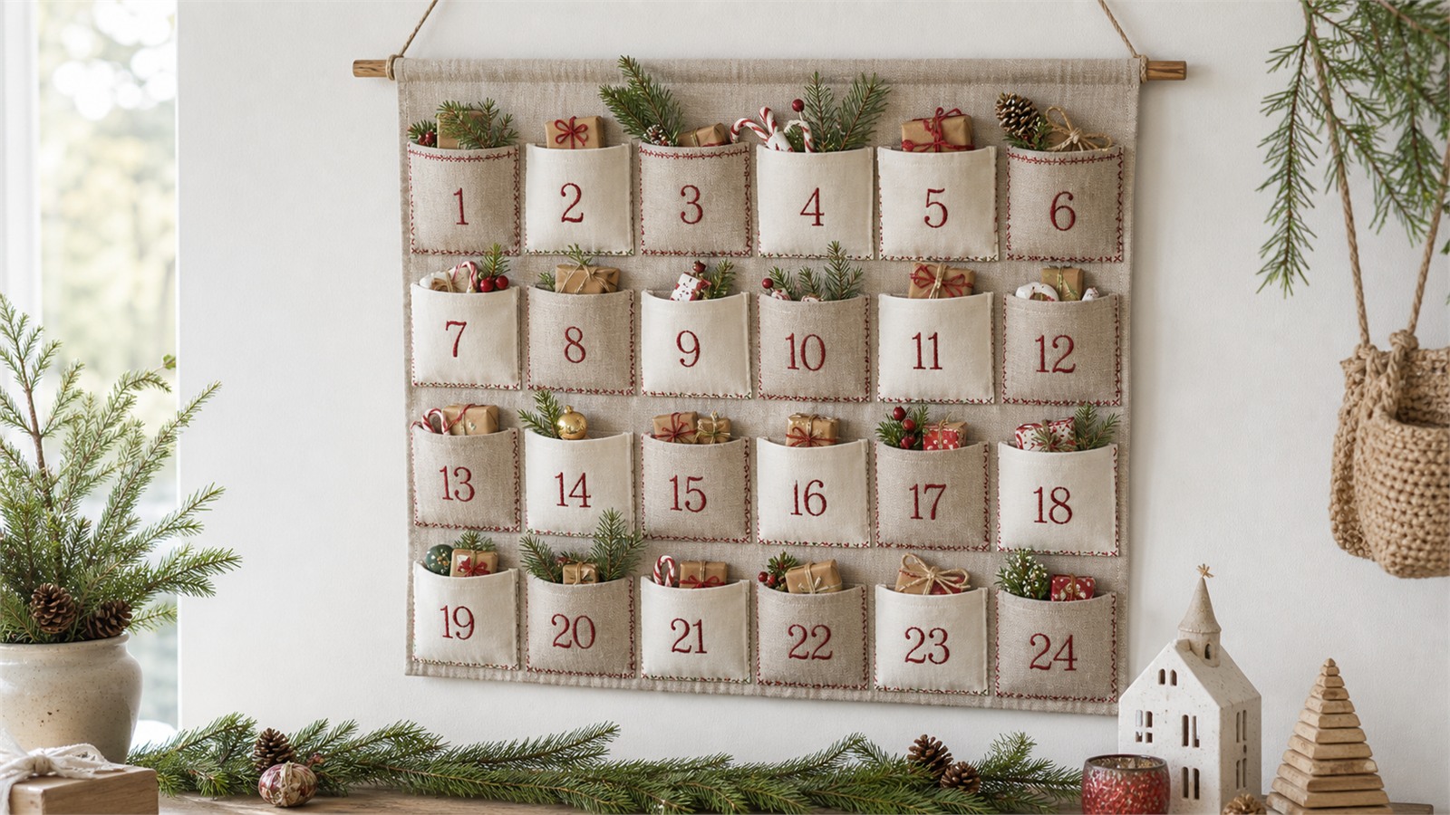 Calendrier de l’Avent textile avec 24 poches en tissu numérotées