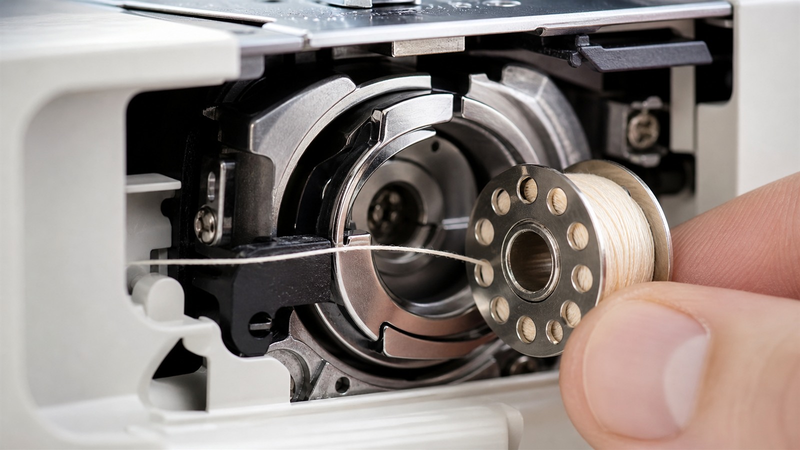Insertion d'une canette dans le boîtier d'une machine à coudre
