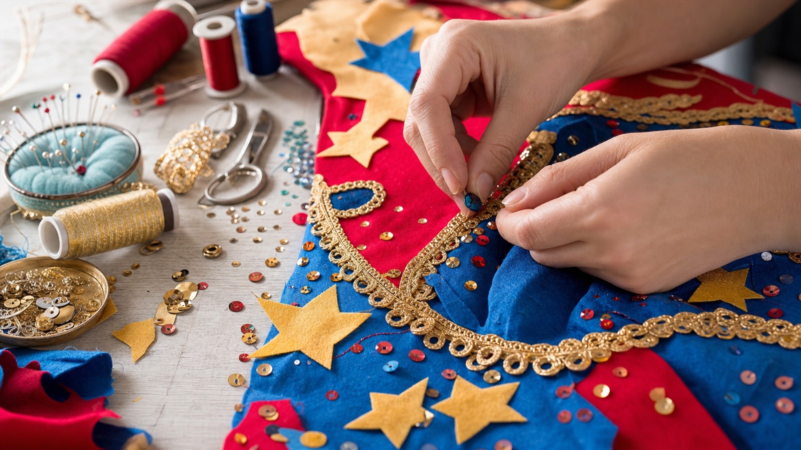 Pose de sequins et de galon sur un costume fait main