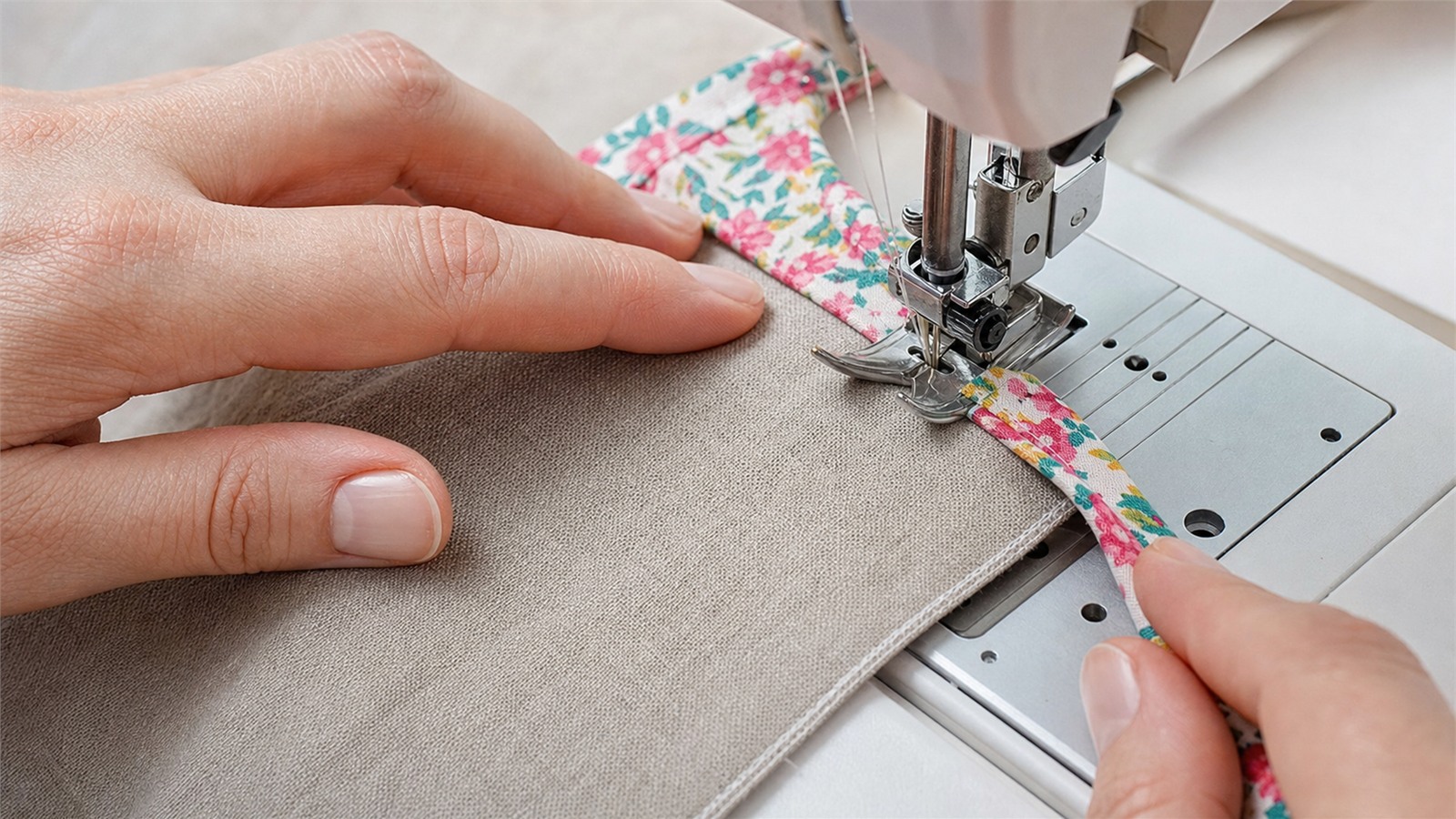 Pose d'un biais à la machine sur tissu