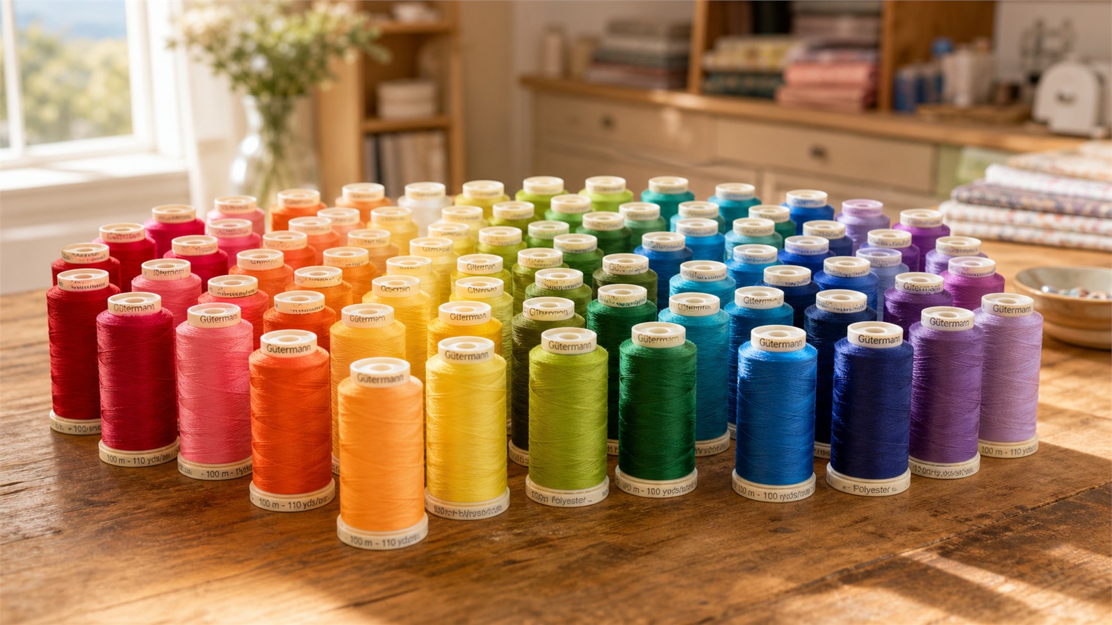 Collection de bobines de fil Gütermann en dégradé de couleurs