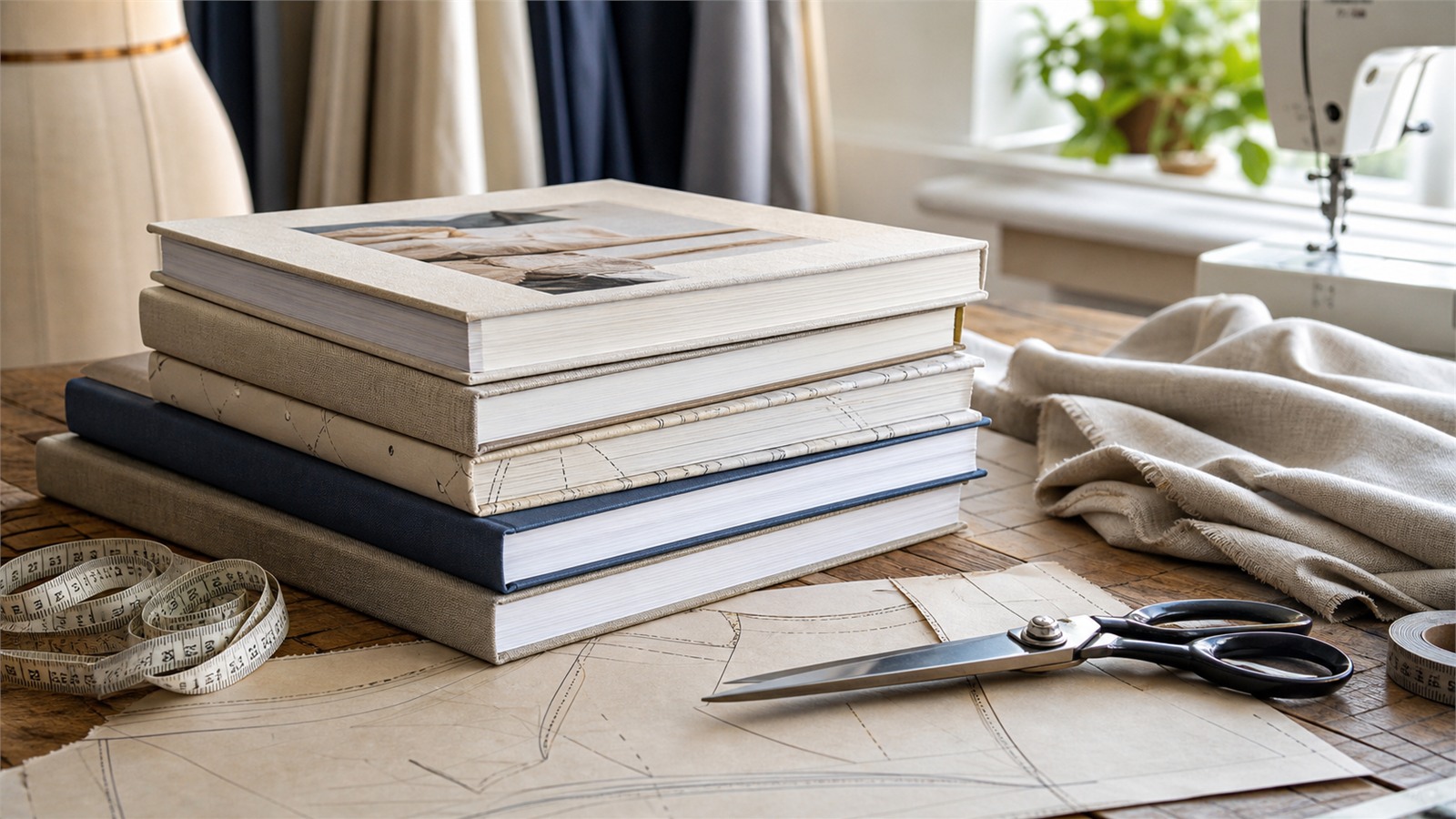 Livres de couture de référence posés sur une table de coupe avec patrons