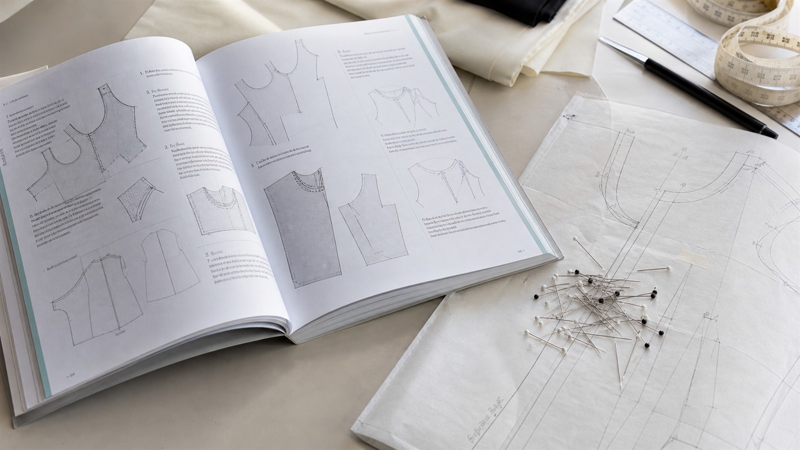 Livre de couture ouvert avec schémas de montage et patron papier