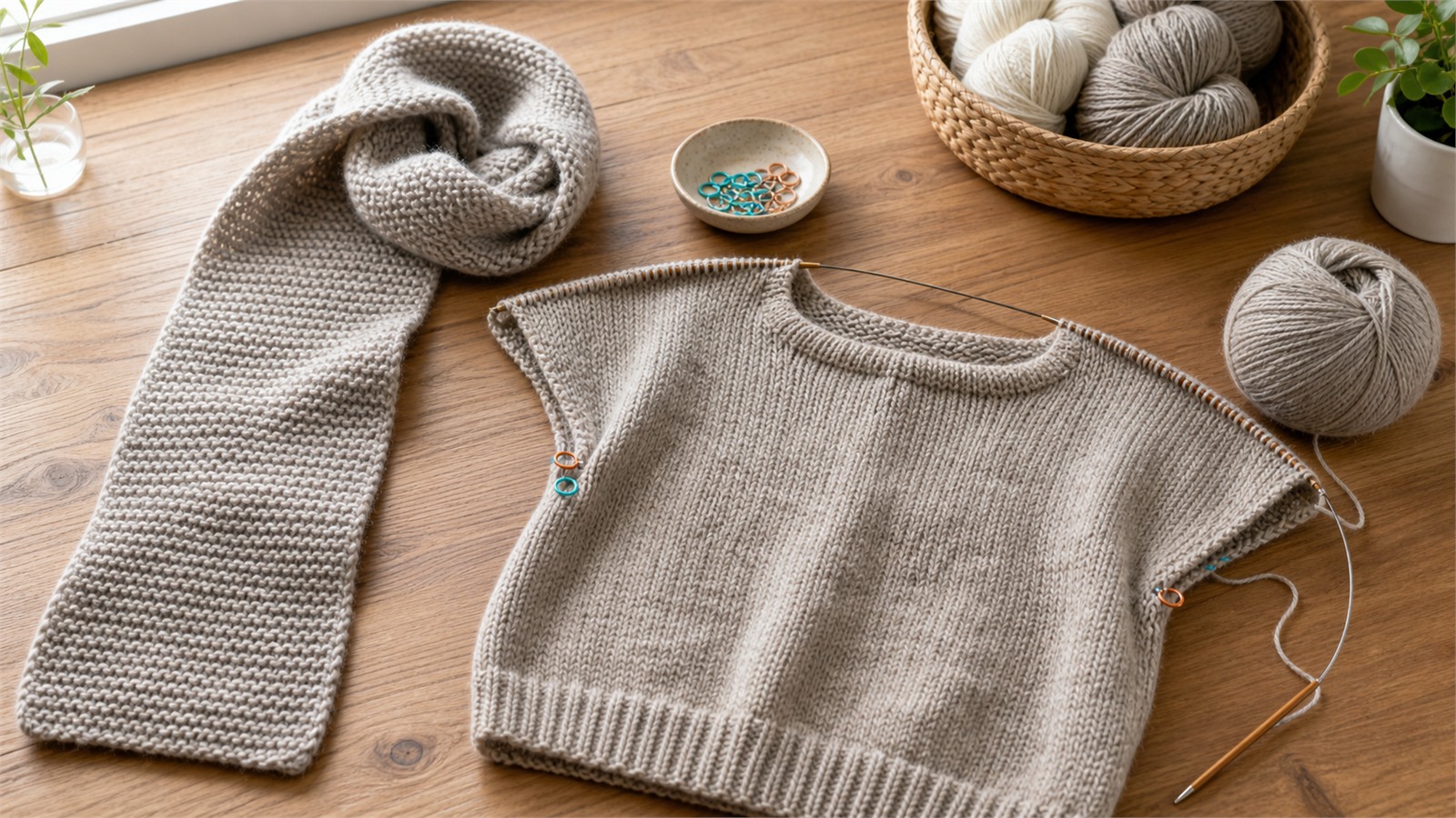 Projets de tricot débutant avec écharpe, pull simple et pelotes de laine