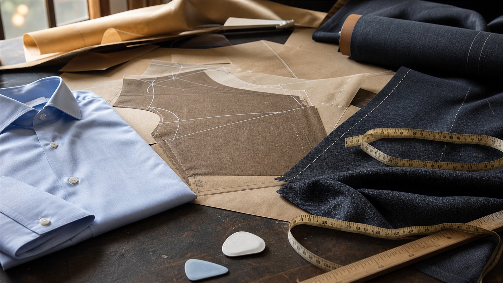 Patrons de couture homme et tissu de veste sur table d'atelier