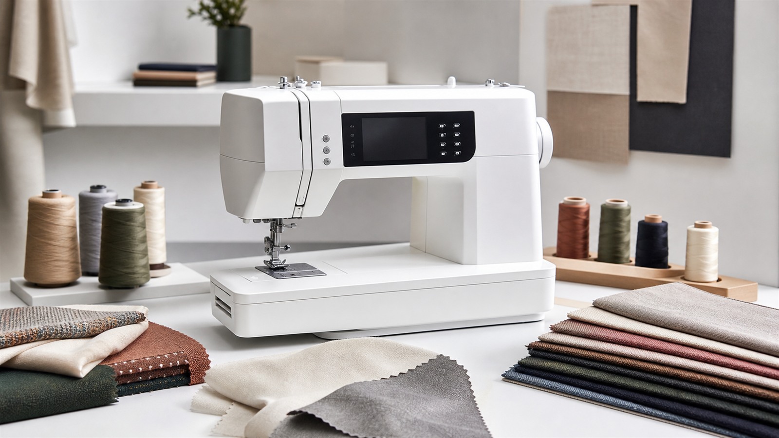 Machine à coudre Pfaff moderne sur établi blanc