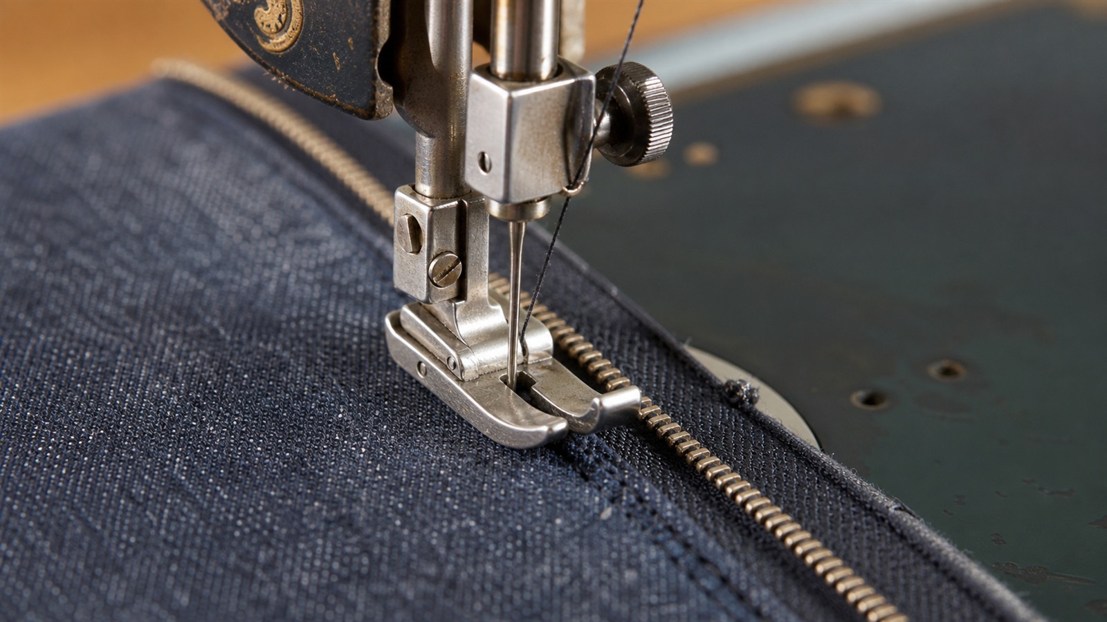 Pied de biche en action sur tissu denim